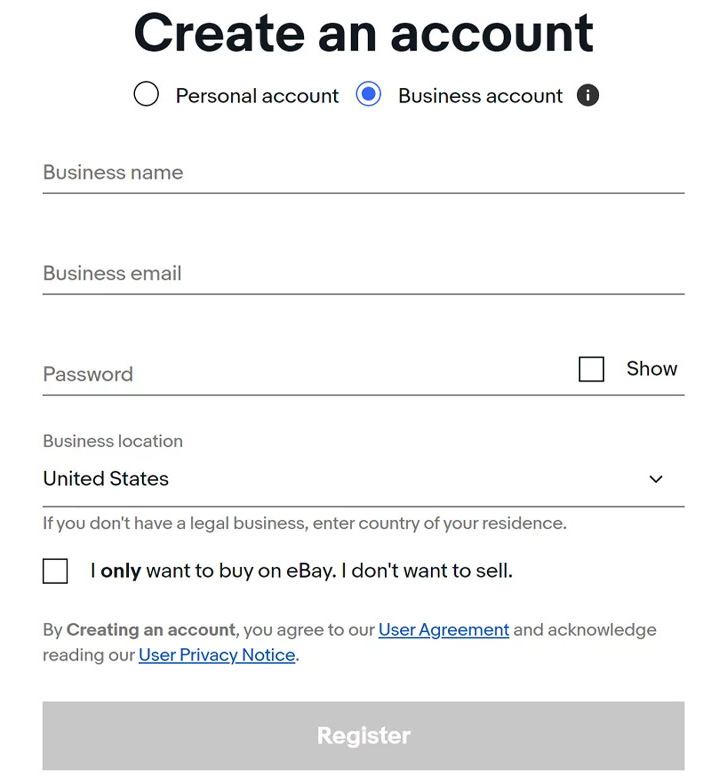 eBay Seller Registration: Step 2- Create An eBay Account