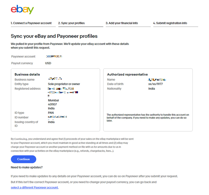 eBay Seller Registration: Step 4-Sync eBay & Payoneer Profiles